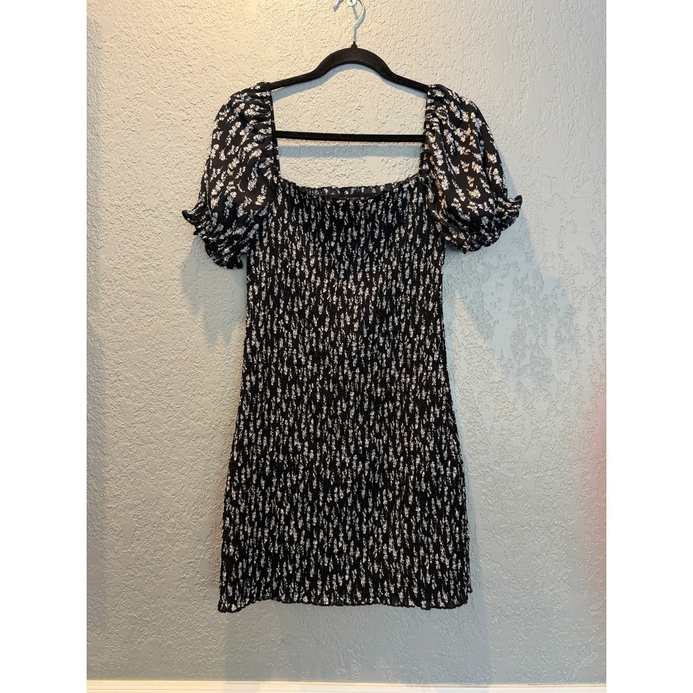 Black‎ White Floral Smocked Puff Sleeve Mini Dress Square Neck